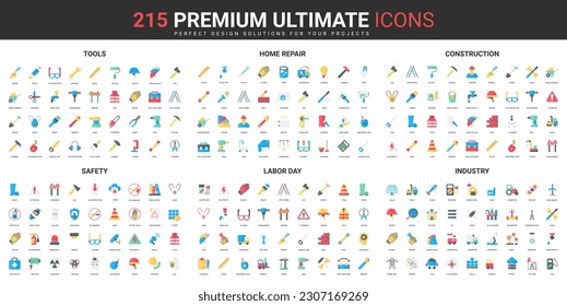 Tools and equipment for home repair and building construction color flat icons set vector illustration. Abstract symbols of labor day, safety in industry simple design for mobile and web apps