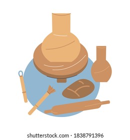 Tools and equipment for making ceramics from clay in pottery studio