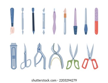 Tools and equipment for manicure and pedicure, isolated cuticle pusher and nail file. Scissors and clippers, tweezers and buff. Vector in flat cartoon style