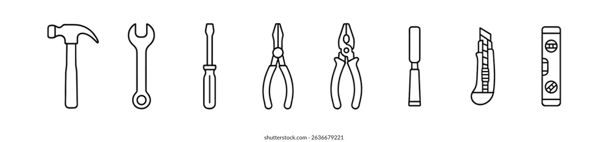 Tools, equipment outline icon set. hammer, wrench, screwdriver linear collection