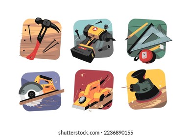 Tools and equipment set vector illustration. Construction instruments for repair, woodworking and renovation flat style concept