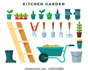 Tools and equipment for working in the kitchen garden, flat icons set. Cart, ladder, rake, hoe, shovel, bucket, rake, seedlings, boots, gloves, secateurs, shovel, pots, bucket. Vector illustration.