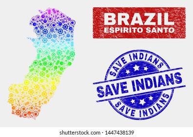 Tools Espirito Santo State map and blue Save Indians distress seal. Spectral gradiented vector Espirito Santo State map mosaic of engineering items. Blue round Save Indians seal.