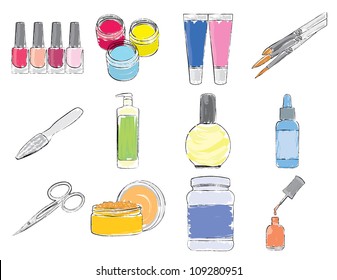 Tools and expendables for manicure. Set of stylized icons.