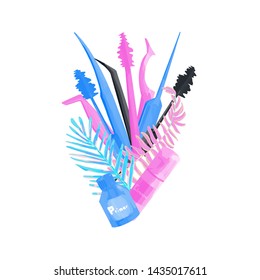 Tools for eyelash extension with tropical leaves. Vector modern beauty illustrationsillustrations