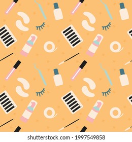 Tools for eyelash extensions, seamless pattern. Artificial eyelashes, brushes and tweezers in the doodle style. Background for the design.