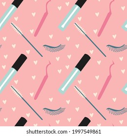 Tools for eyelash extensions, seamless pattern. Artificial eyelashes, brushes and tweezers in the doodle style. Background for the design.