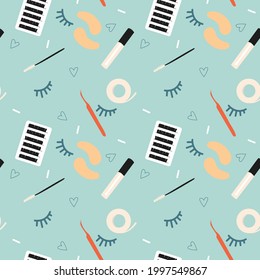 Tools for eyelash extensions, seamless pattern. Artificial eyelashes, brushes and tweezers in the doodle style. Background for the design.