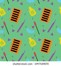 Tools for eyelash extensions, seamless pattern. Artificial eyelashes, brushes and tweezers in the doodle style. Background for the design.