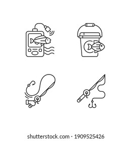 Tools for fishing linear icons set. Special fishers equipment. Casting spinning. Rod with hooks. Customizable thin line contour symbols. Isolated vector outline illustrations. Editable stroke
