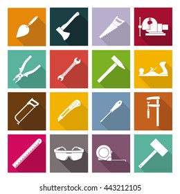 Tools flat icons set. Hacksaw and saw, screwdriver and spanner, goggles and roulette, spatula and knife, hatchet and mallet. Vector illustration