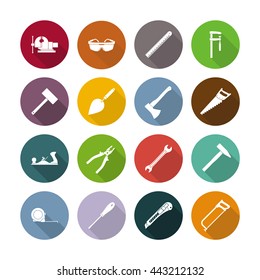 Tools flat icons set. Hacksaw and saw, screwdriver and spanner, goggles and roulette, spatula and knife, hatchet and mallet. Vector illustration