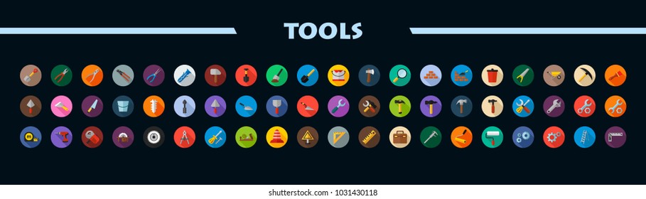 Herramientas iconos planos conjunto. Reparar símbolos. Ilustración vectorial.
