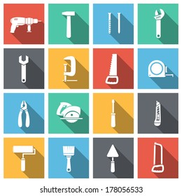 Tools flat icons set of spanner saw driver and paint isolated vector illustration