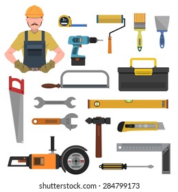 Tools flat icons set with toolbox hammer drill isolated vector illustration