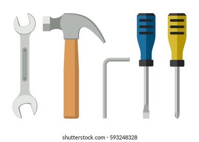 Tools in flat style. Icons of screwdrivers, spanner, hammer.