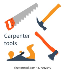 Tools in a flat style: saw,  ax, hammer,  jointer.  Tools  Carpenter. Vector