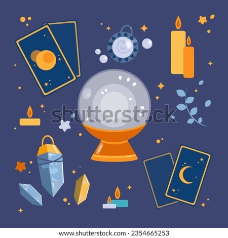 Tools for fortunetelling or divinations vector illustrations set. Collection of drawings of crystal ball, tarot cards, candles, magic crystals or pendants. Fortunetelling, mystery, astrology concept