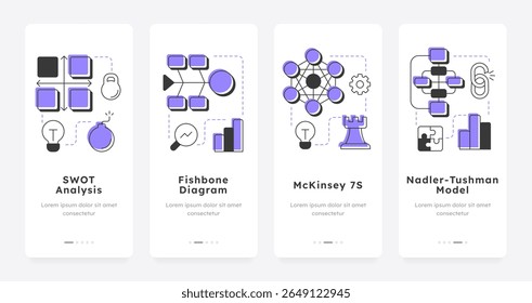 Tools of gap analysis mobile app onboarding screens. Corporate maintenance. Identify business potential. Flat UI UX design, purple highlight with outline icons conceptual