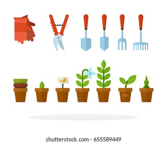 Tools for garden and flowers in pots vector flat material design isolated on white