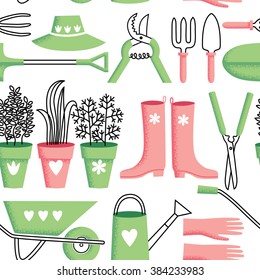 Tools for garden. Gardening seamless pattern. Vector illustration.