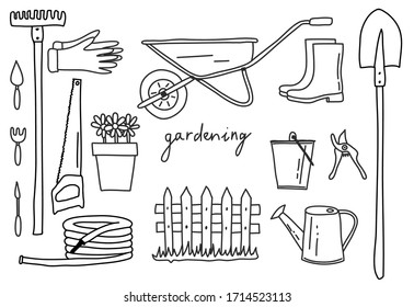 Tools for the garden. Wheelbarrow, shovel, rake, boots, gloves, bucket, saw, hose, fence.