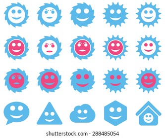 Tools, gears, smiles, emotions icons. Vector set style: bicolor flat images, pink and blue symbols, isolated on a white background.