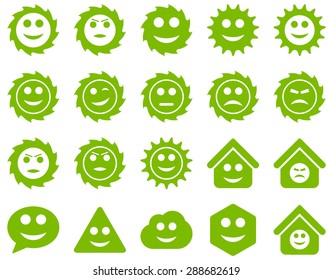 Tools, gears, smiles, emotions icons. Vector set style: flat images, eco green symbols, isolated on a white background.