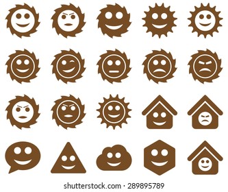 Tools, gears, smiles, emotions icons. Vector set style: flat images, brown symbols, isolated on a white background.
