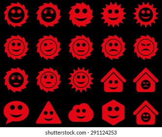 Tools, gears, smiles, emotions icons. Vector set style: flat images, red symbols, isolated on a black background.