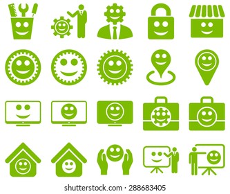 Tools, gears, smiles, management icons. Vector set style: flat images, eco green symbols, isolated on a white background.