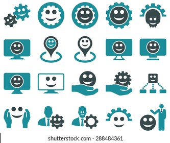 Tools, gears, smiles, map markers icons. Vector set style: bicolor flat images, soft blue symbols, isolated on a white background.