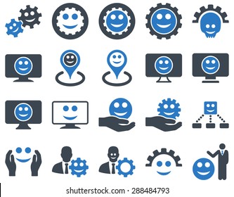 Tools, gears, smiles, map markers icons. Vector set style: bicolor flat images, smooth blue symbols, isolated on a white background.