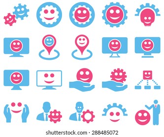 Tools, gears, smiles, map markers icons. Vector set style: bicolor flat images, pink and blue symbols, isolated on a white background.