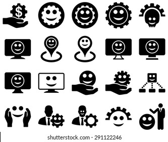 Tools, gears, smiles, map markers icons. Vector set style: flat images, black symbols, isolated on a white background.