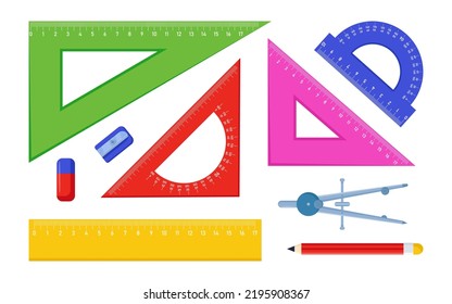 Tools for geometry lessons vector illustrations set. Instrument for elementary school students, triangles, rulers, protractor isolated on white background. Geometry, stationery, education concept