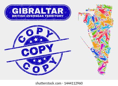 Tools Gibraltar map and blue Copy distress seal stamp. Bright vector Gibraltar map mosaic of tools components. Blue rounded Copy stamp.