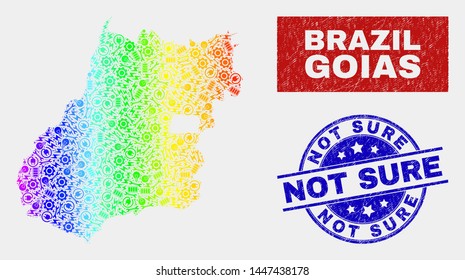 Tools Goias State map and blue Not Sure textured stamp. Rainbow colored gradiented vector Goias State map mosaic of productivity. Blue round Not Sure stamp.