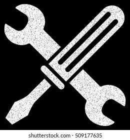 Tools grainy textured icon for overlay watermark stamps. Flat symbol with dirty texture. Dotted vector white ink rubber seal stamp with grunge design on a black background.