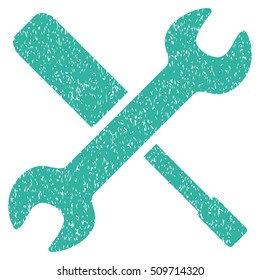Tools grainy textured icon for overlay watermark stamps. Flat symbol with scratched texture. Dotted vector cyan ink rubber seal stamp with grunge design on a white background.