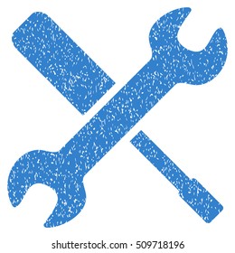 Tools grainy textured icon for overlay watermark stamps. Flat symbol with unclean texture. Dotted vector cobalt ink rubber seal stamp with grunge design on a white background.
