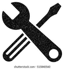 Tools grainy textured icon for overlay watermark stamps. Flat symbol with scratched texture. Dotted vector black ink rubber seal stamp with grunge design on a white background.