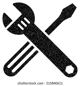 Tools grainy textured icon for overlay watermark stamps. Flat symbol with dirty texture. Dotted vector black ink rubber seal stamp with grunge design on a white background.