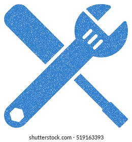 Tools grainy textured icon for overlay watermark stamps. Flat symbol with dust texture. Dotted vector cobalt ink rubber seal stamp with grunge design on a white background.