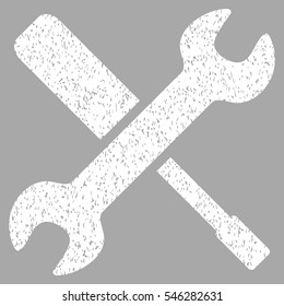 Tools grainy textured icon for overlay watermark stamps. Flat symbol with dust texture. Dotted vector white ink rubber seal stamp with grunge design on a silver background.