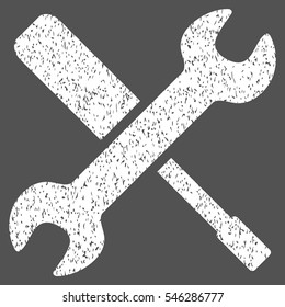 Tools grainy textured icon for overlay watermark stamps. Flat symbol with dust texture. Dotted vector white ink rubber seal stamp with grunge design on a gray background.