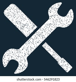 Tools grainy textured icon for overlay watermark stamps. Flat symbol with dust texture. Dotted vector white ink rubber seal stamp with grunge design on a dark blue background.