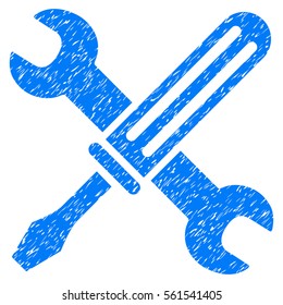 Tools grainy textured icon for overlay watermark stamps. Flat symbol with dust texture. Dotted vector blue ink rubber seal stamp with grunge design on a white background.