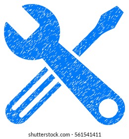 Tools grainy textured icon for overlay watermark stamps. Flat symbol with dirty texture. Dotted vector blue ink rubber seal stamp with grunge design on a white background.