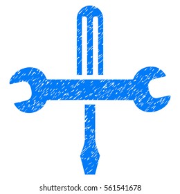 Tools grainy textured icon for overlay watermark stamps. Flat symbol with unclean texture. Dotted vector blue ink rubber seal stamp with grunge design on a white background.